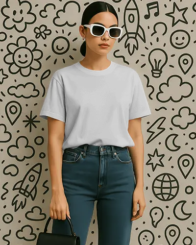 Clean Studio Tshirt Mockup Female Model Standing Against Beige Wall With Black Doodle Art Holding Black Handbag Casual Chic