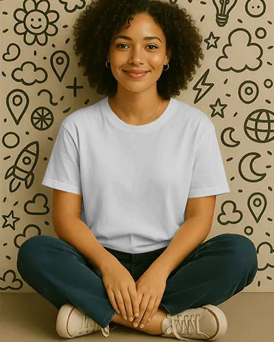 High Quality Mockup Female Model Sitting Cross Legged With Black Curly Hair On Beige Doodle Wall Background