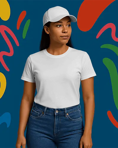 Vibrant Abstract Background T Shirt Mockup Female Model Wearing Gray Tee And Cap Facing Right