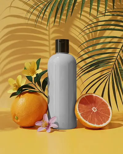 Natural Cosmetic Bottle Mockup With Fruits And Flowers For Branding And Packaging Design