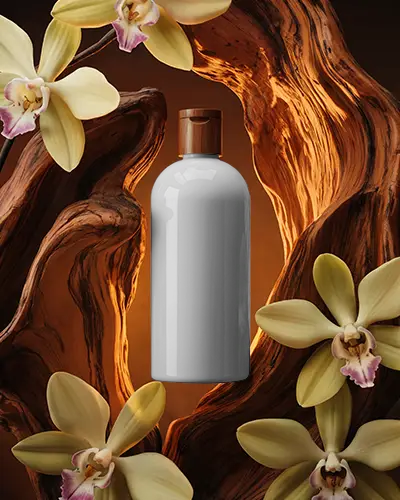 Natural Wooden Cap Cosmetic Bottle Mockup With Orchid Flowers Eco Friendly Packaging