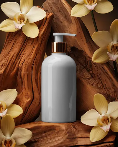 Luxury Cosmetic Dispenser Bottle With Pump Surrounded By Orchid Flowers And Wood