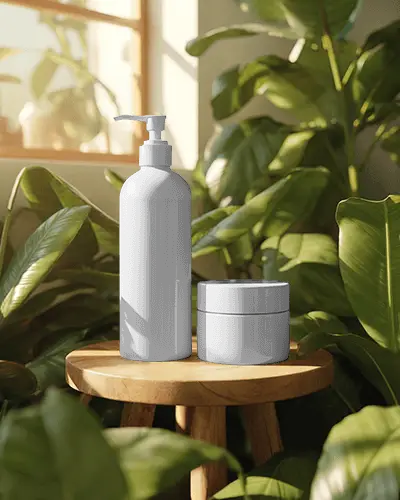 Eco Friendly Cosmetic Mockup With Pump Bottle And Cream Jar In A Botanical Lifestyle Setting