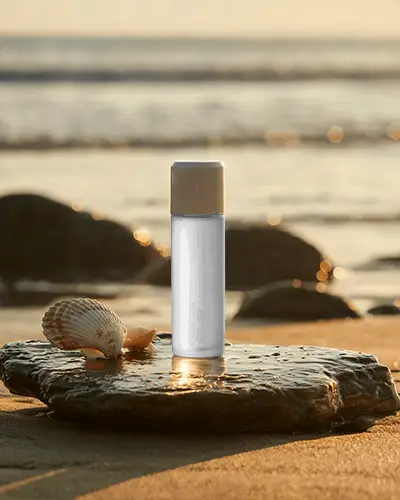 Sleek Cosmetic Bottle Mockup For Beauty Product Presentation On Natural Beach Surface