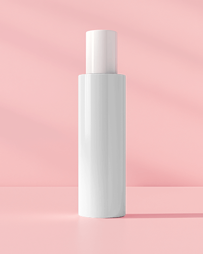 Luxury Cosmetic Bottle Mockup Glossy White Packaging Against Pastel Pink Backdrop With Subtle Lighting