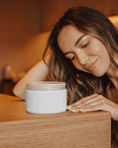 Natural Glow Skincare Mockup Stylish Woman With Luxury Beauty Cream Container