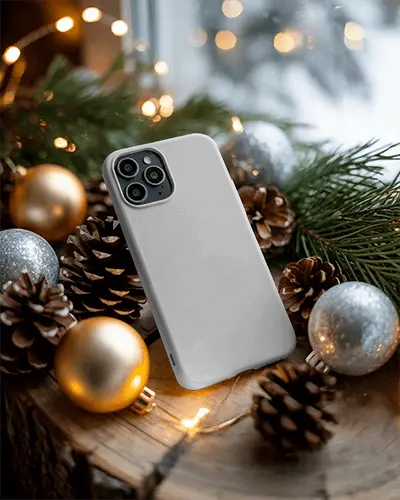 Modern Phone Case Mockup On Rustic Wood Surface With Pine Branches And Decorative Balls