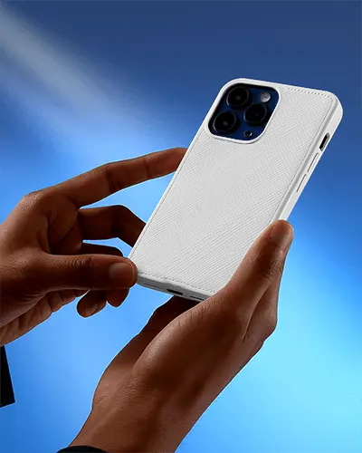 Hands Holding Phone Case Mockup Closeup Smartphone Cover Against Bright Blue Background Modern Look