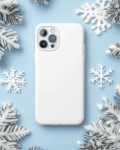 Winter Themed Phone Case Mockup White Cover On Light Blue Background With Snowflakes And Frosted Pine Branches 085
