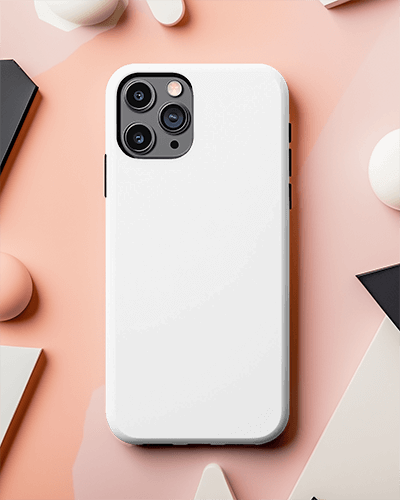 Modern Abstract Phone Case Mockup White Cover On Peach Background With Geometric Shapes And Soft Lighting 086