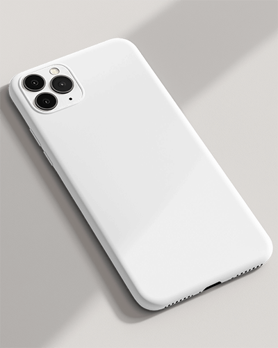Modern White Phone Cover Mockup On Muted Grey Background With Warm Soft Light 090