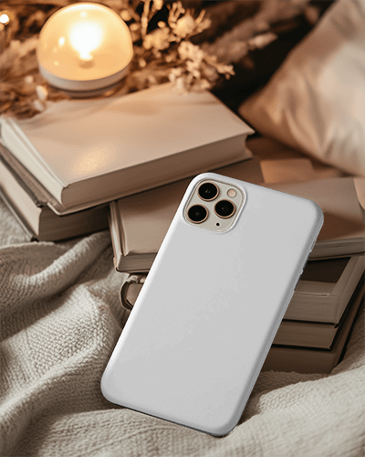 Minimalist White Phone Cover Mockup With Book Textured Cotton Background 091
