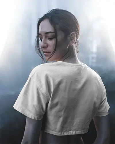 Misty Forest Crop Top Mockup Female Model Looking Down Soft Backlight Moody Outdoor Ambience 0102