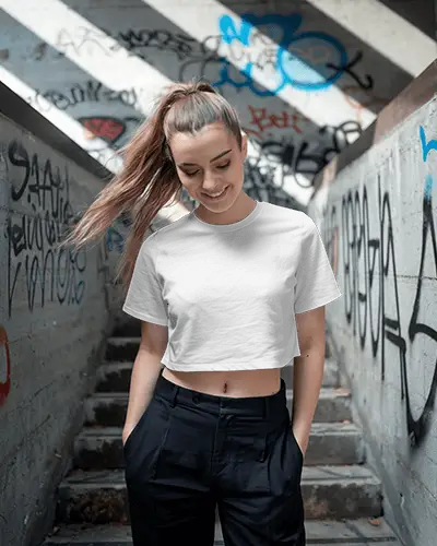 Urban Street Style Crop Top Mockup Female Model Smiling On Graffiti Staircase Soft Daylight Mood