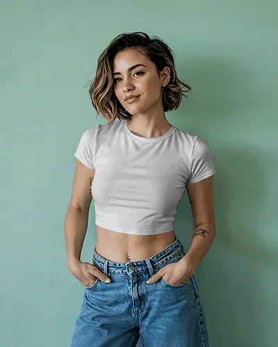 Casual Minimalist Crop Top Mockup Young Female Model Posing Against Mint Green Wall Modern Streetwear Vibes