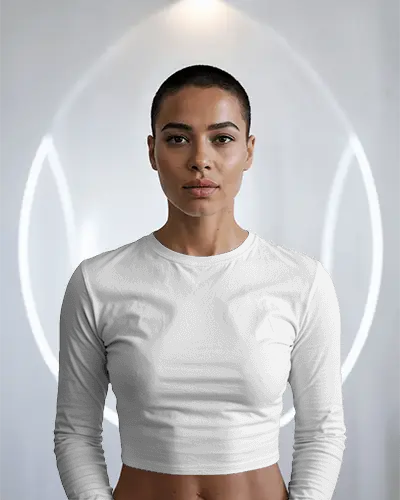 High Resolution Long Sleeve White Crop Top Mockup On Confident Woman Model With Clean Background