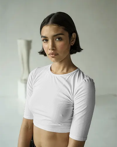 Aesthetic White Long Sleeve Crop Top Template On Minimal Background Perfect For Design Showcase