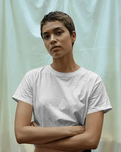 Soft Drape Background Crop Top Mockup Modern Woman Neutral Expression