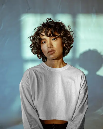 Artistic Studio Crop Top Mockup Woman In Soft Sunbeam Through Window