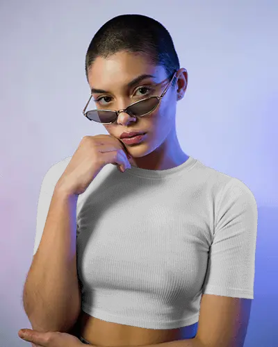 Studio Lit Crop Top Mockup Female Model With Buzzcut In Sleek Sunglasses Edgy Fashion Vibe