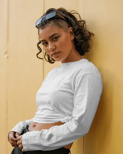 Street Style Crop Top Mockup Confident Female Model Leaning Against Yellow Wall