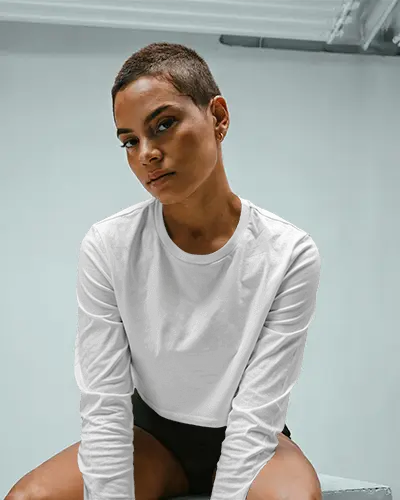 Modern Studio Crop Top Mockup Woman Sitting On Bench Clean Industrial Lighting