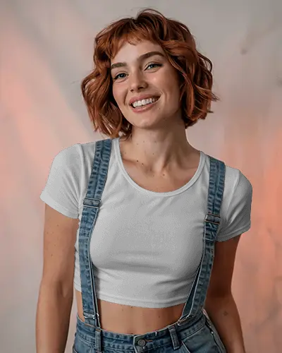 Cheerful Crop Top Mockup Woman In Denim Overalls Smiling In Soft Studio Light