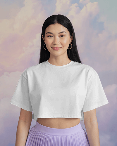 Maroon Crop Top Mockup Female Model Smiling Against Cloudy Sky Background