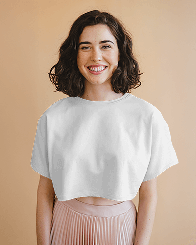 Sage Green Crop Top Mockup Smiling Female Model Minimalist Background