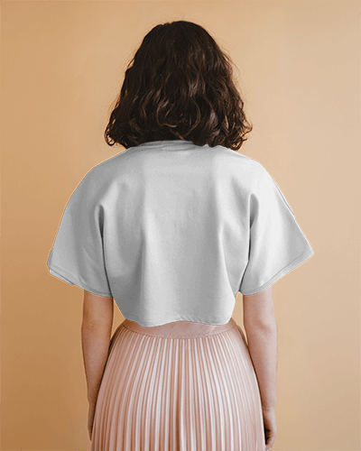 Pastel Aesthetic Crop Top Mockup Female Model Back View Lavender Tee Smiling French Fries Graphic Playful And Modern