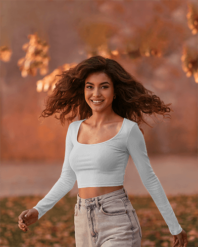 Vibrant Green Crop Top Mockup Female Model Smiling In Autumn Sunset Glow Casual And Trendy Outdoor Fashion Long Sleeve Square Neck