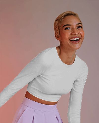 Happy And Stylish Crop Top Mockup Woman In Lilac Long Sleeve Outfit Soft Lighting Modern Fashion
