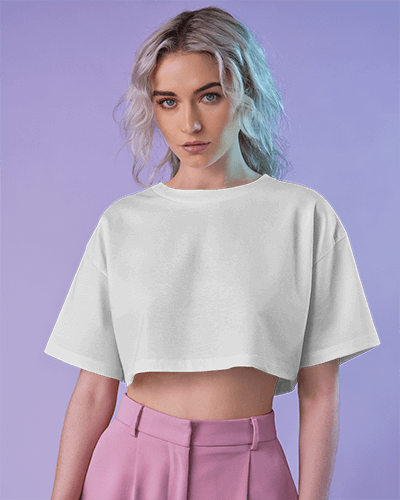 Fantasy Inspired Wizard Graphic Crop Top Mockup Loose Fit Light Blue Short Sleeve Design Purple Tones