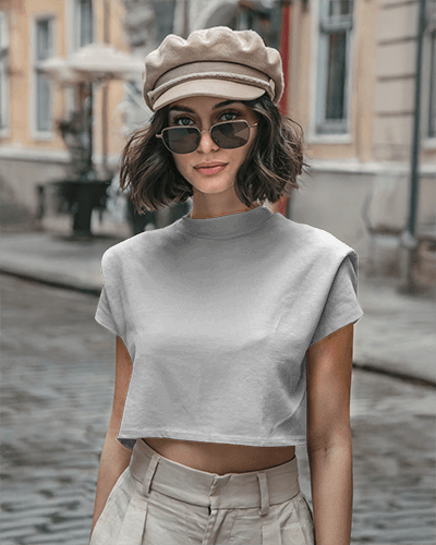 European Street Style Crop Top Mockup Trendy Female Model In Beret And Sunglasses Classy Urban Aesthetic Soft Muted Tones 003