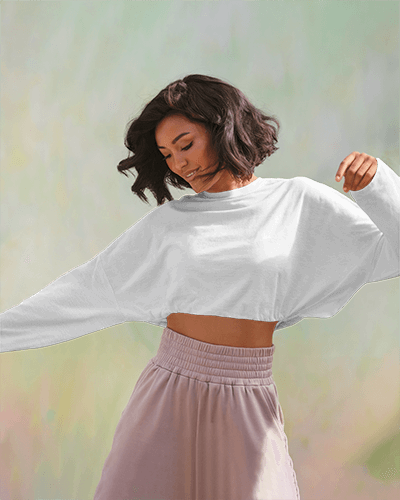Earthy Tone Crop Top Mockup Relaxed Female Model In Soft Pastel Background With Summer Wave Print Effortlessly Stylish