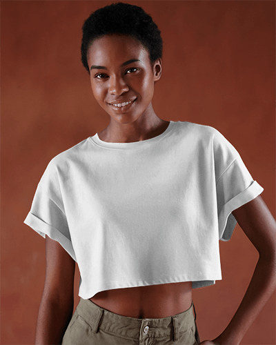 Aesthetic Purple Crop Top Mockup Woman In Loose Rolled Sleeve Shirt With Bold Orange Sushi Text And Playful Food Design