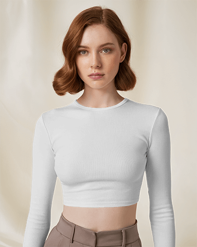 Earth Tone Fashion Crop Top Mockup Woman In Muted Teal Long Sleeve Top With Illustrated Frog And Lotus Peaceful Natural Look