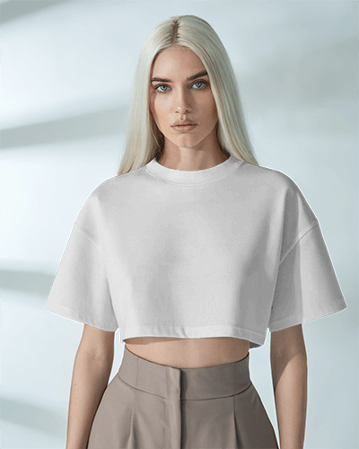 Sophisticated Monochrome Streetwear Crop Top Mockup Fashion Model In Neutral Palette Wearing Bold Graphic Design