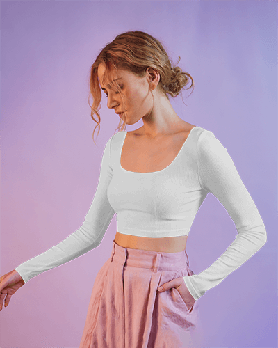 Elegant Streetwear Crop Top Mockup Mint Green Long Sleeve Ribbed Design Soft Purple Gradient Background With Stylish Female Model