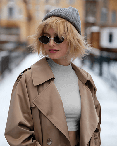 Winter Street Style Crop Top Mockup Trendy Female Model In Trench Coat Beanie And Sunglasses Snowy Urban Backdrop Cozy And Chic 005