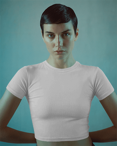Mysterious And Edgy Crop Top Mockup With Intense Gaze Fashion Model And Studio Lighting For Premium Apparel Promotion