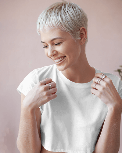 Fashionable Graphic Crop Top Mockup Woman Smiling In A Playful And Stylish Modern Look