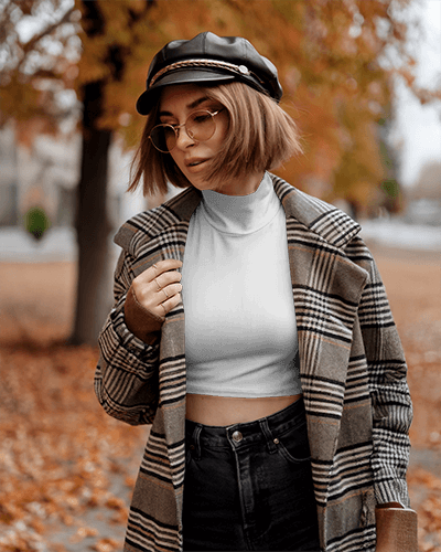 Autumn Streetwear Crop Top Mockup Trendy Female Model In Plaid Coat And Leather Beret Cozy Fall Aesthetic Warm Tones 008