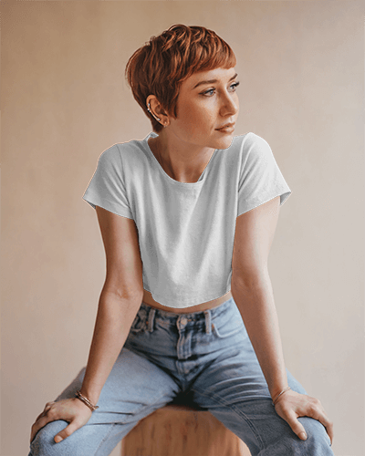 Fashionable Casual Crop Top Mockup Woman In Denim And Stylish Graphic Tee For A Modern Look