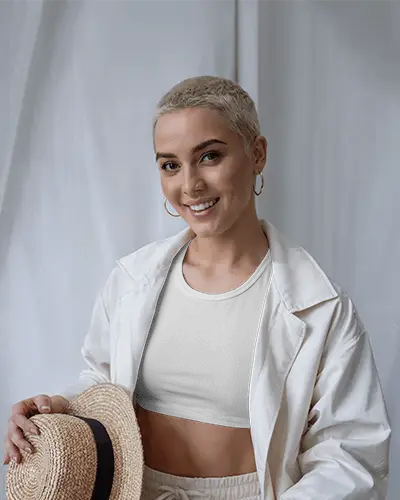 Stylish Crop Top Mockup Smiling Female Model In White Outfit Holding Straw Hat