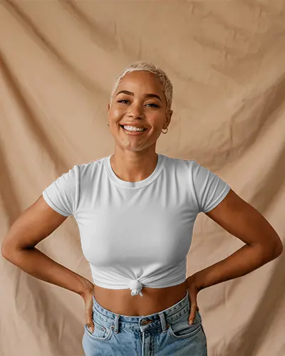 Summer Ready Crop Top Mockup Woman In Casual Denim And Knotted White Shirt