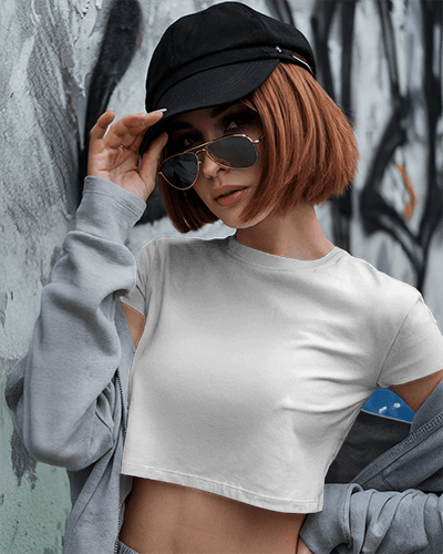Edgy Urban Crop Top Mockup Trendy Female Model In Black Cap And Aviators Graffiti Wall Backdrop Streetwear Vibes 009
