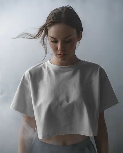 Moody Studio Lighting Crop Top Mockup Female Model Looking Down Smoky Background Soft Focus