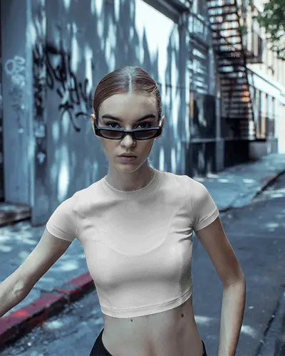 Tight Fit Crop Top Mockup Girl In Black Sunglasses Shadowy Alley Background Contemporary Vibe
