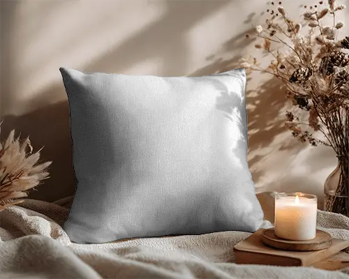 High Quality Cushion Mockup On Cozy Bed Setting With Natural Light And Dried Flower Arrangement